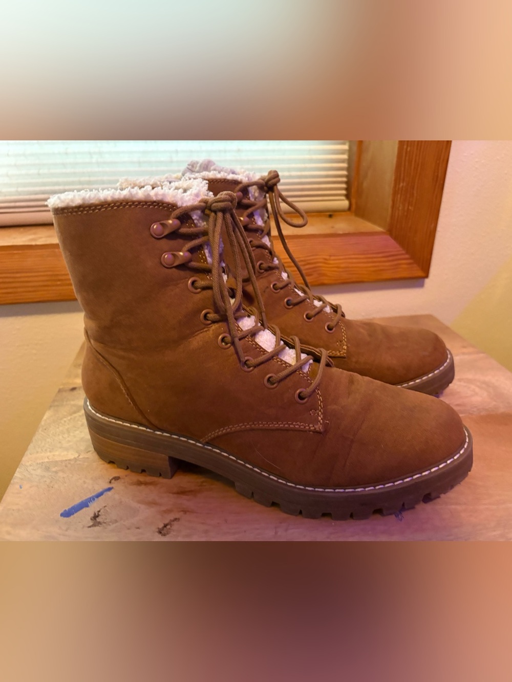 Brown Lace-Up Sherpa Lined Ankle Boots